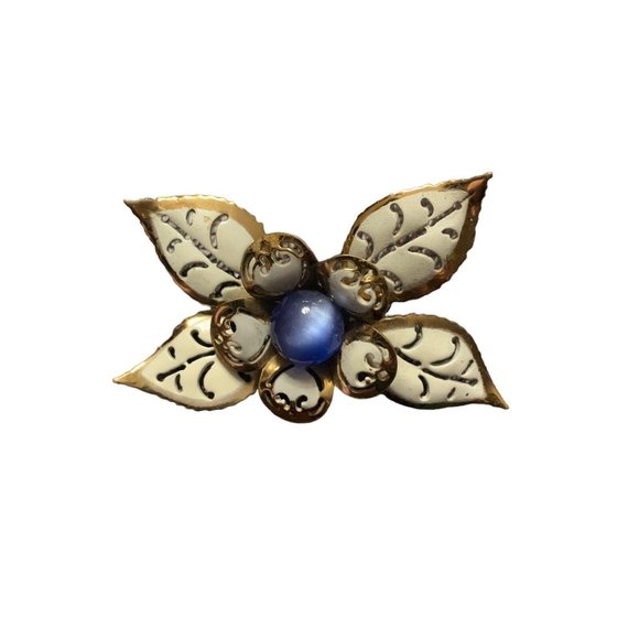 Vtg Coro Moonglow Brooch White Enamel Flowers Blue Center Signed Pin Gold Tone - Picture 5 of 10